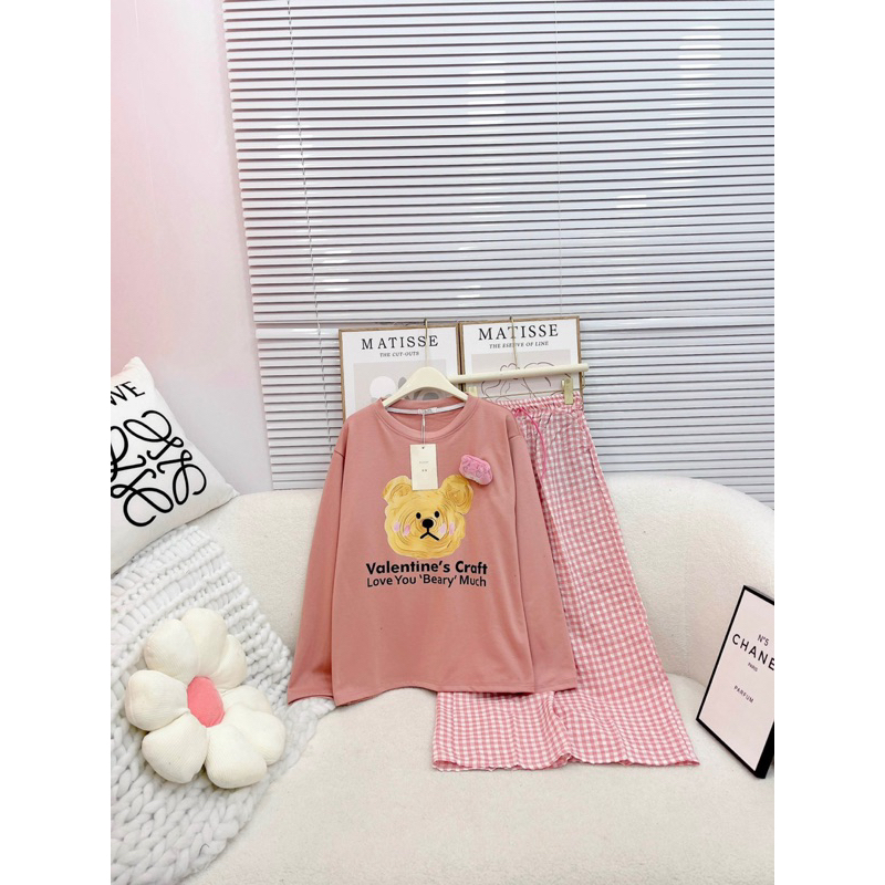 BỘ TĂM HỒNG HÌNH GẤU VALENTIN MIX QUẦN XUÔNG KẺ