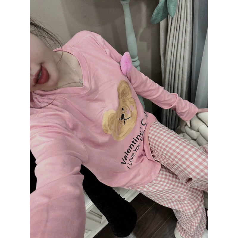 BỘ TĂM HỒNG HÌNH GẤU VALENTIN MIX QUẦN XUÔNG KẺ