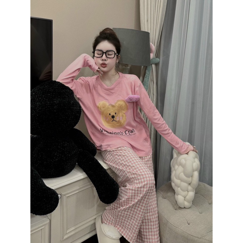 BỘ TĂM HỒNG HÌNH GẤU VALENTIN MIX QUẦN XUÔNG KẺ