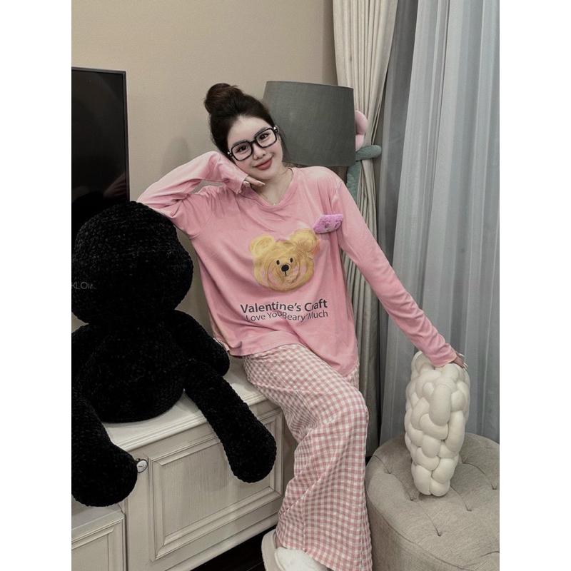 BỘ TĂM HỒNG HÌNH GẤU VALENTIN MIX QUẦN XUÔNG KẺ