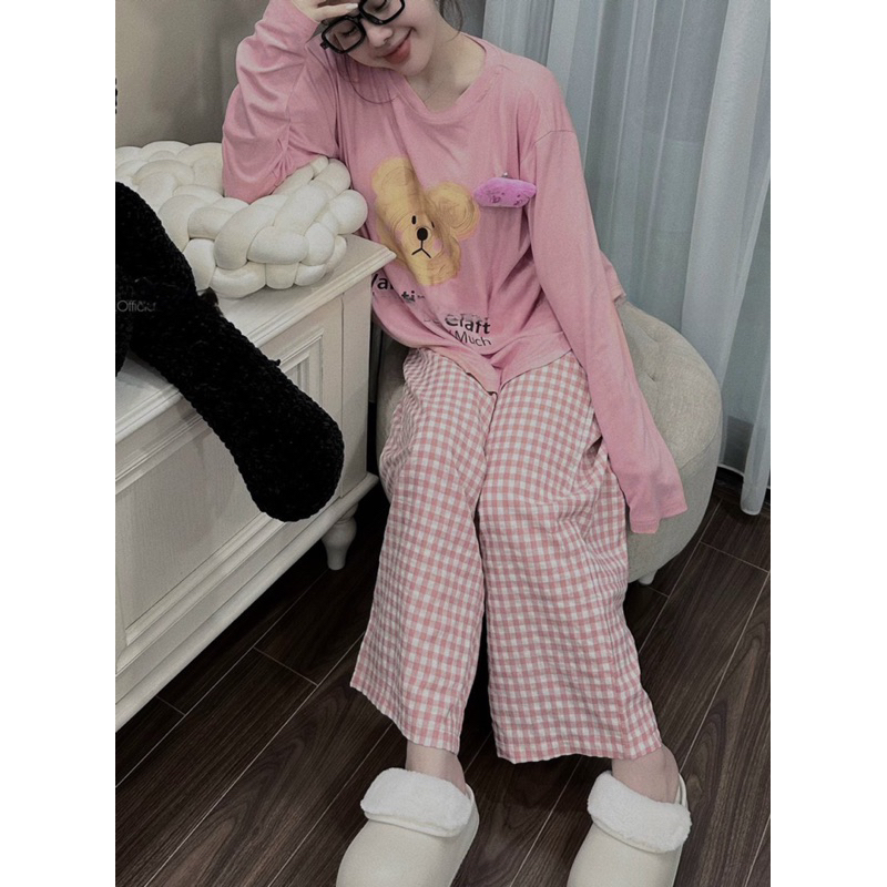 BỘ TĂM HỒNG HÌNH GẤU VALENTIN MIX QUẦN XUÔNG KẺ