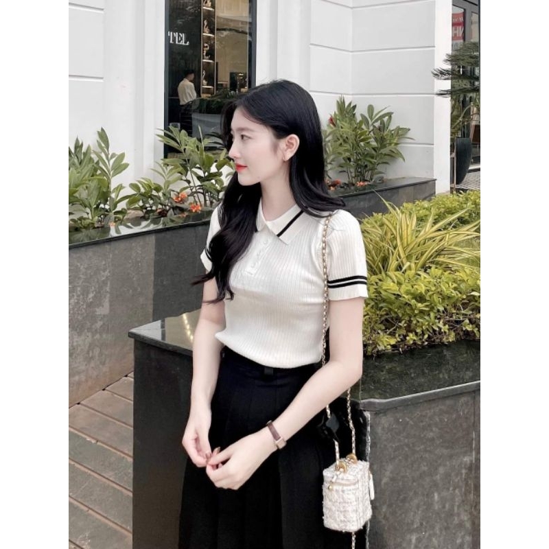 Áo len Polo ngắn tay  mix viền