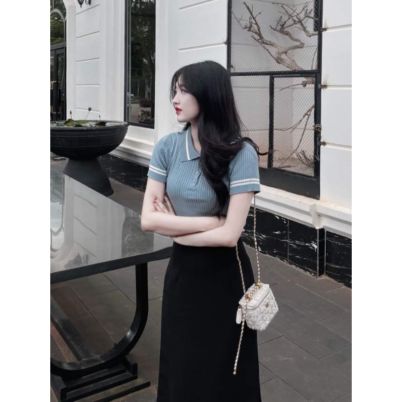 Áo len Polo ngắn tay  mix viền