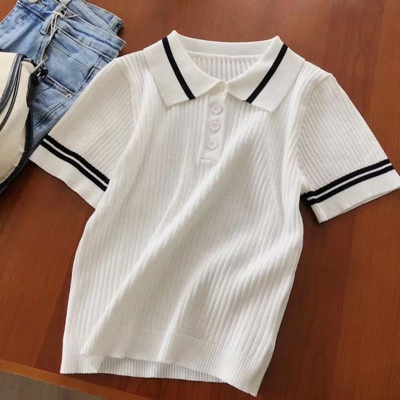 Áo len Polo ngắn tay  mix viền