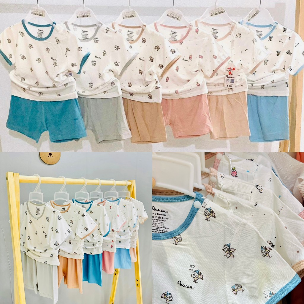 AVALER- MOMMOM Bộ Cộc Tay Cài Vai Vải Sợi Tre Avaler Chính Hãng Cho Bé Trai, Bé Gái Size Từ 6M Tới 4Y Ảnh Thật Mẫu Mới