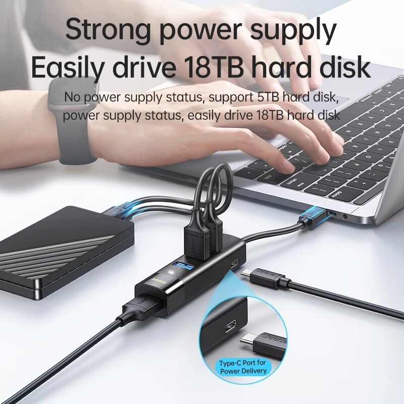 Hub USB 3.0 và Hub Type C chia 4 cổng USB có dây cáp nguồn Type C dễ dàng điều khiển thiết bị công suất lớn