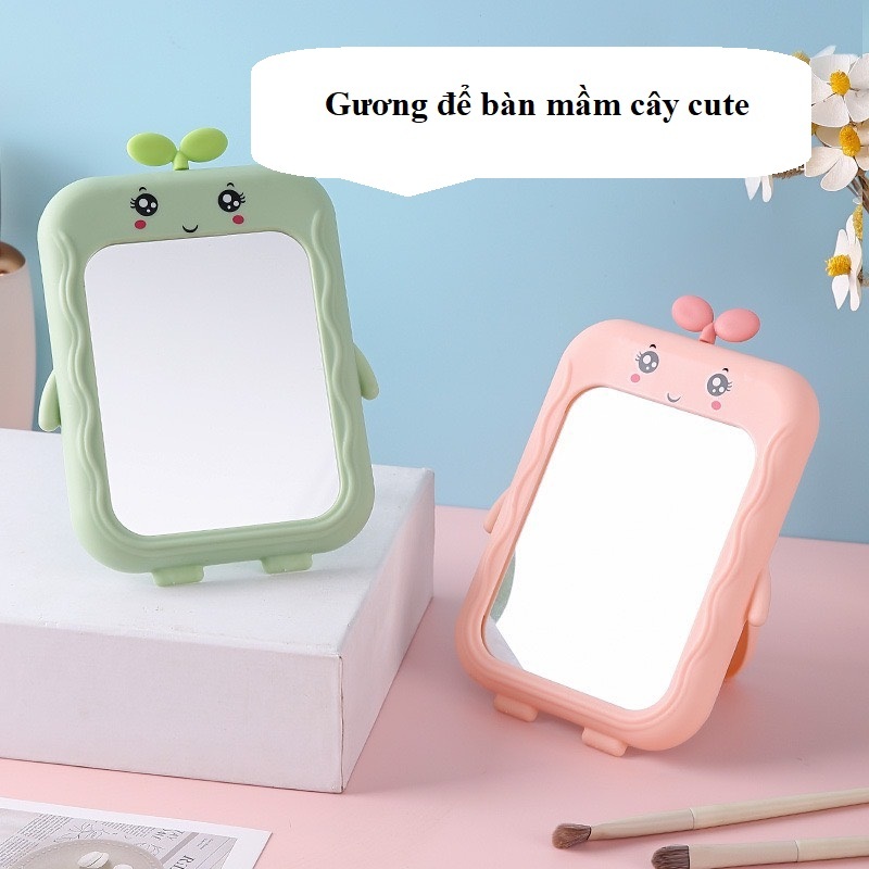 Gương để bàn trang điểm to đứng được, gương soi mặt, kính để bàn, Gương cầm tay dễ thương hình mầm cây dễ thương
