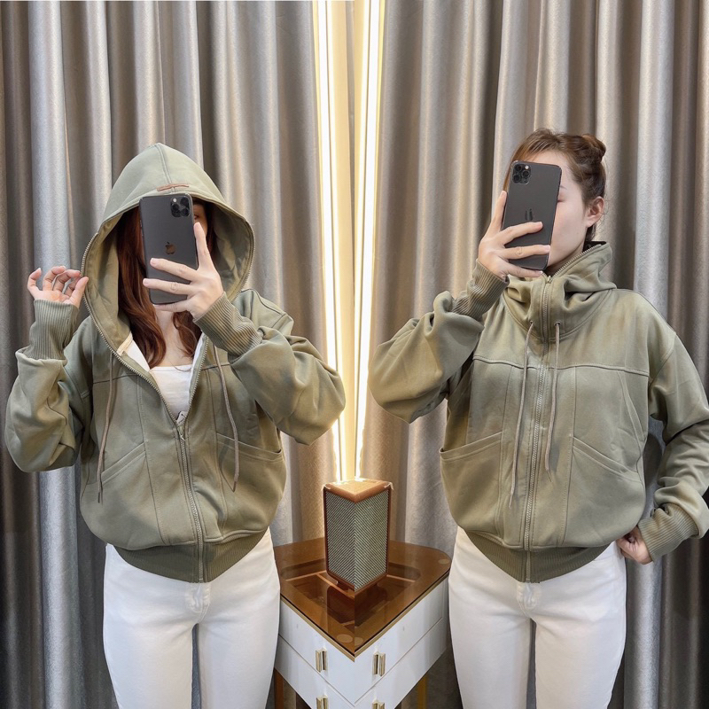 Áo khoác thun 2 da có nón phối 8 túi dây kéo khóa tay dài!