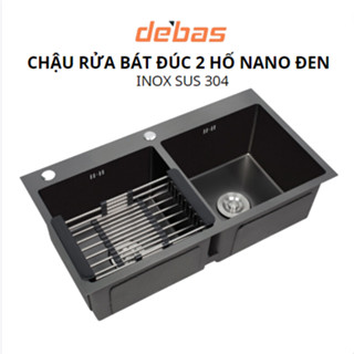 Chậu rửa bát đúc 2 hố mạ nano đen kèm vòi dây rút rổ kéo đa năng cao cấp korea sus304 bồn rửa chén 2 hộc Debas 7843 8245