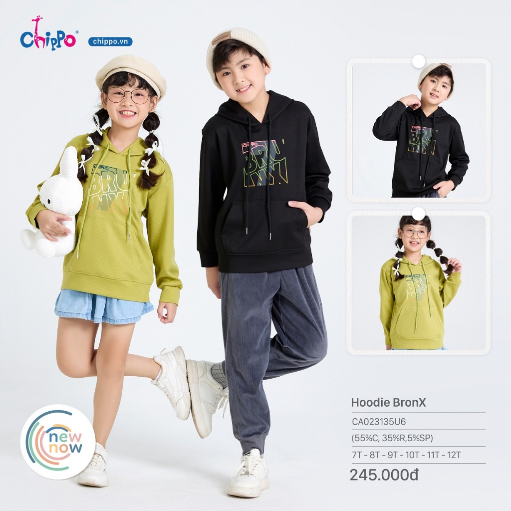 Áo Hoodie tay dài có mũ Chippo cho bé từ 7 tuổi đến 12 tuổi (21-40kg) chất liệu 100% cotton mềm thoáng mát