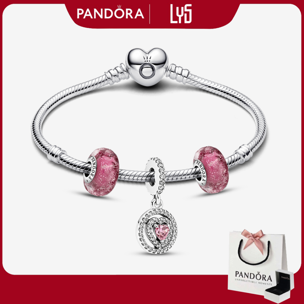 Vòng Tay Pandora Mix Charm Fullbox Bạc S925-Vòng tay charm chủ đề tình yêu màu hồng