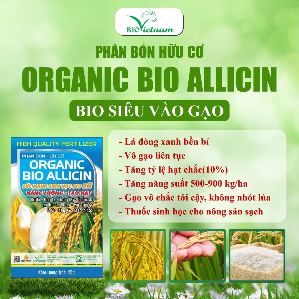 Phân bón hữu cơ Organic Bio Allicin Siêu Vô Gạo chuyên dùng cho giai đoạn cong trái me, trổ đòng - Gói 25g