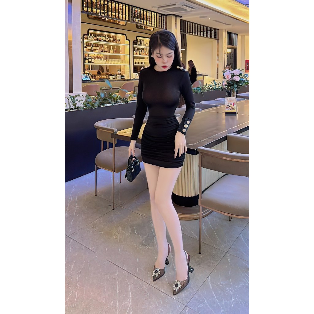 Đầm Body Dài Tay Cổ Tròn Đính Khuy , Nhún Đuôi Váy - chất thun bozip mềm