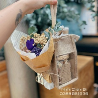 Set Qùa 1 Món Kèm Túi Đay và Hoa Handmade Tái Sử Dụng Dùng Đựng Bình Nước