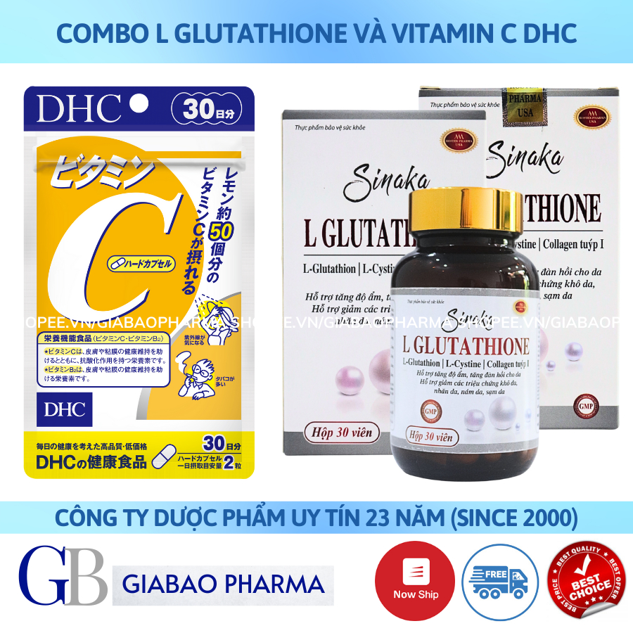 Combo làm trắng da 2 hộp L Glu tathione & 1 gói Vitamin C DHC 1 tháng(2 hộp Lglutathione 30v; 1 gói Vit C 60v)