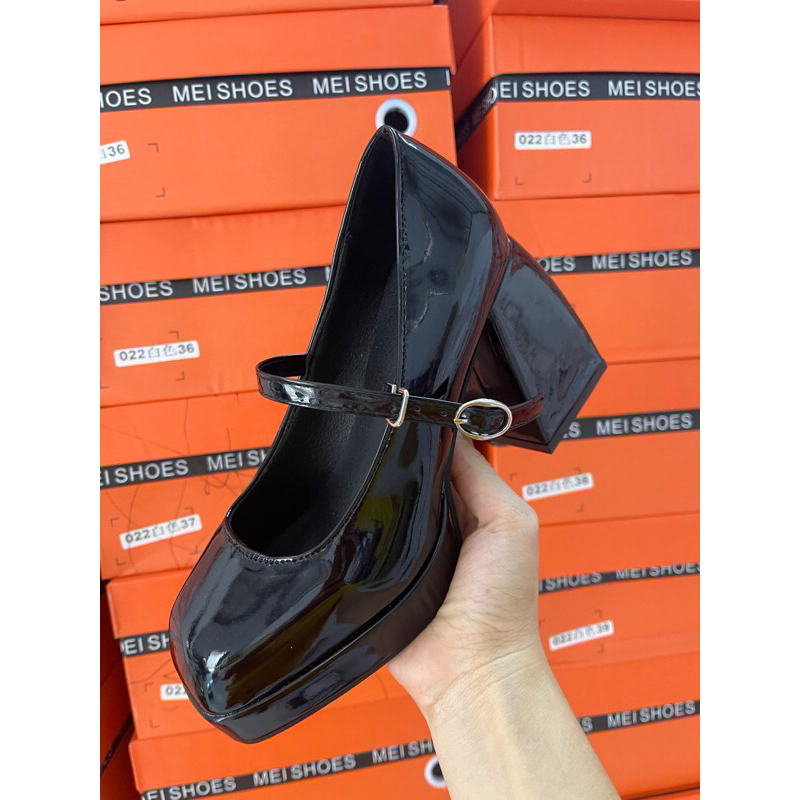 Giày Da Bóng Mary Jane Nữ Gót Dày 9p chanh sả