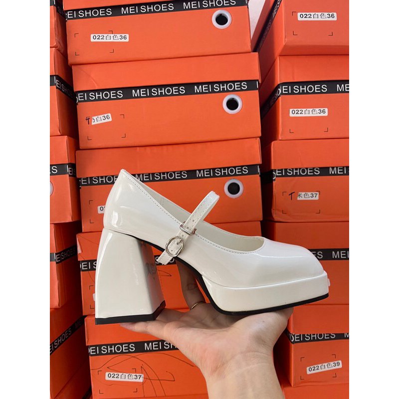 Giày Da Bóng Mary Jane Nữ Gót Dày 9p chanh sả