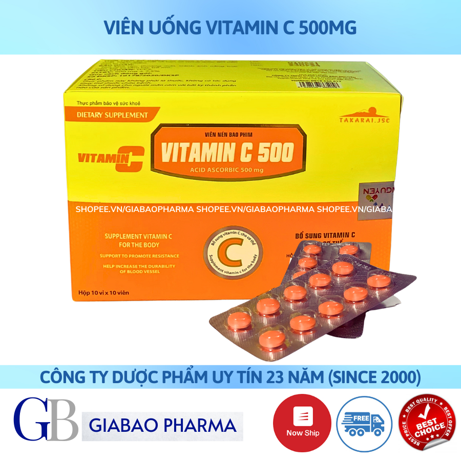 Viên uống vitamin C bổ sung vitamin c 500mg tăng cường sức đề kháng, làm đẹp da, trắng da, chống lão hóa da – Hộp 100 vi