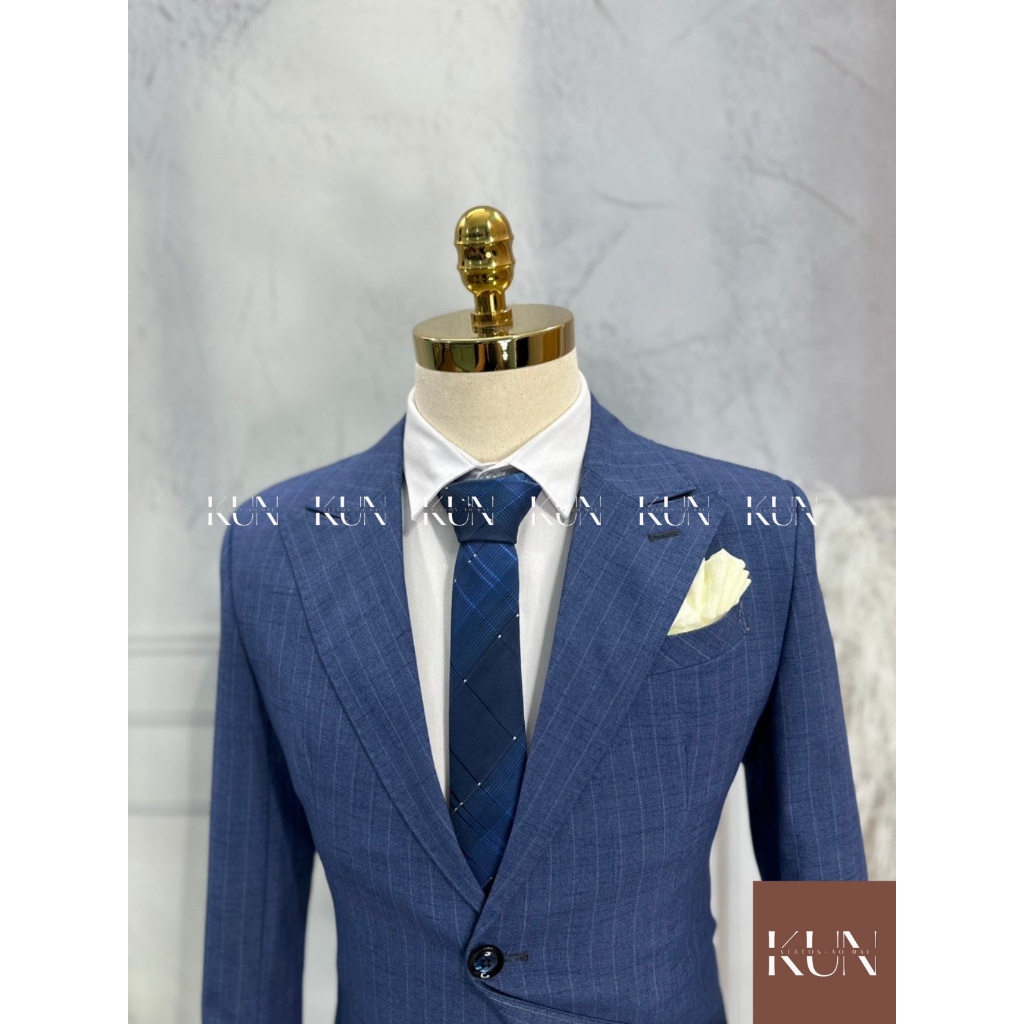 Bộ vest nam 2 khuy, áo vest sọc màu ghi, màu xanh, hàng 2 lớp, quần âu áo vest form chuẩn cao cấp - V21