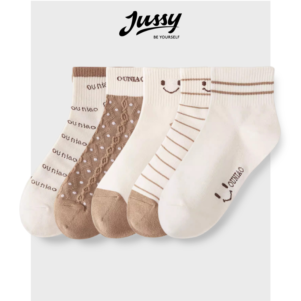 Set 5 Đôi Tất Cổ Ngắn Màu Trắng Be Smily Jussy Official Tất Nam Nữ Chất Vải Cotton Co Giãn Khử Mùi