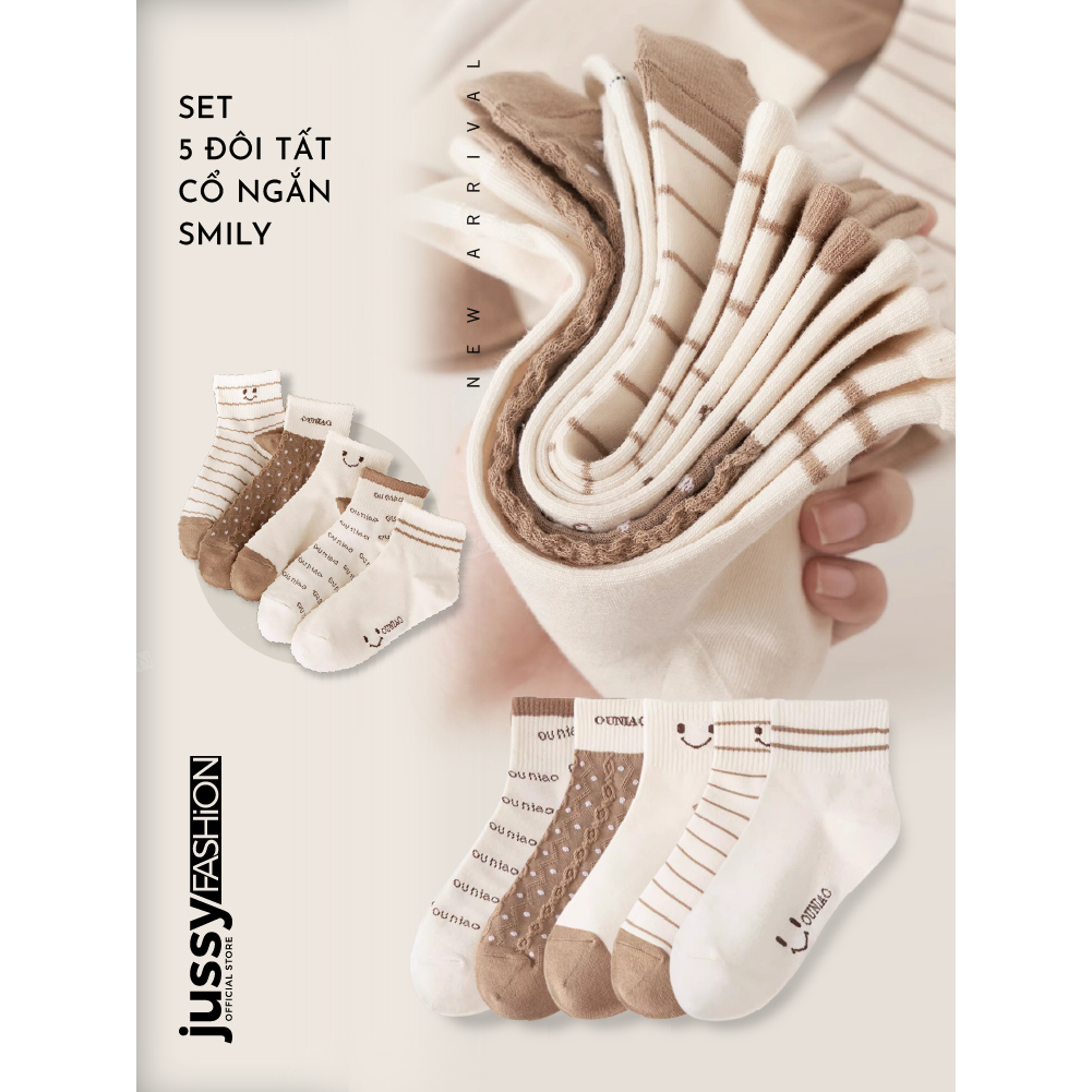Set 5 Đôi Tất Cổ Ngắn Màu Trắng Be Smily Jussy Official Tất Nam Nữ Chất Vải Cotton Co Giãn Khử Mùi