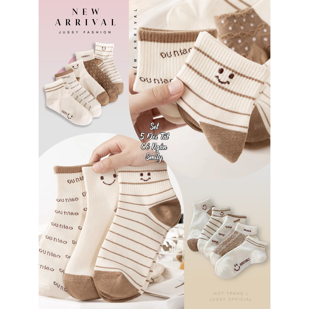 Set 5 Đôi Tất Cổ Ngắn Màu Trắng Be Smily Jussy Official Tất Nam Nữ Chất Vải Cotton Co Giãn Khử Mùi