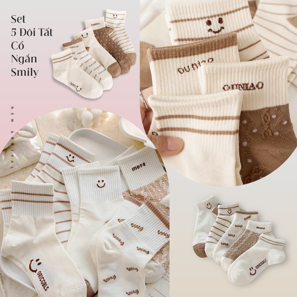 Set 5 Đôi Tất Cổ Ngắn Màu Trắng Be Smily Jussy Official Tất Nam Nữ Chất Vải Cotton Co Giãn Khử Mùi