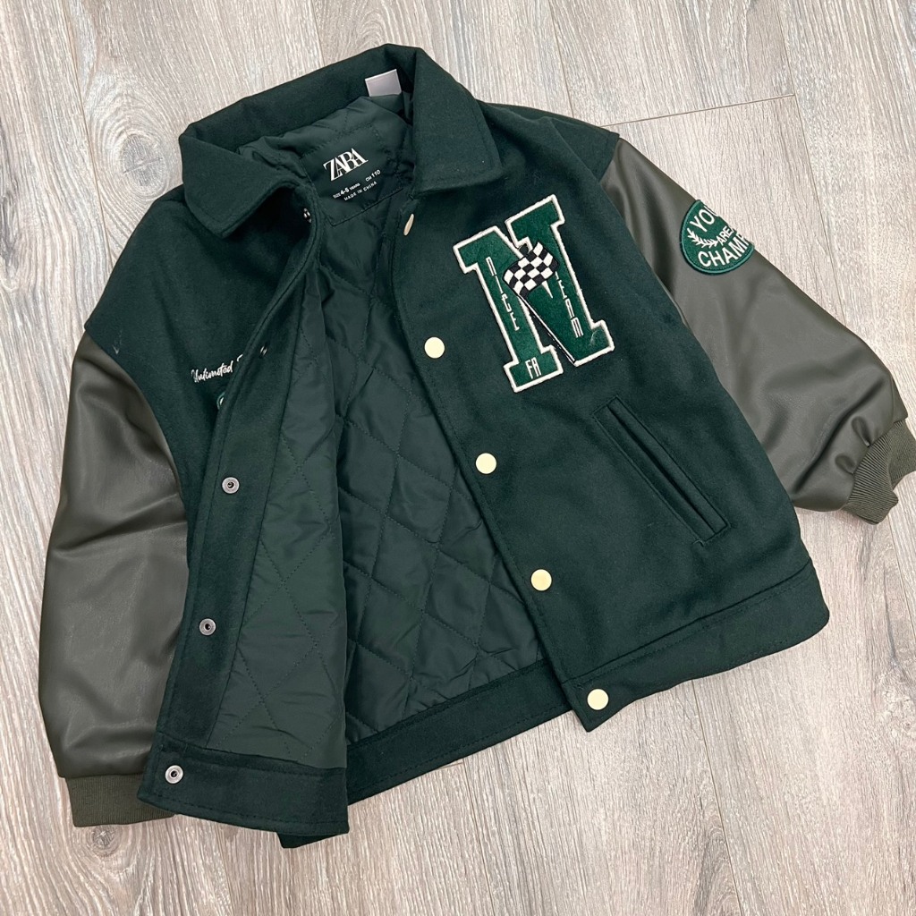 Áo bomber XANH bé trai tay phối da chữ N