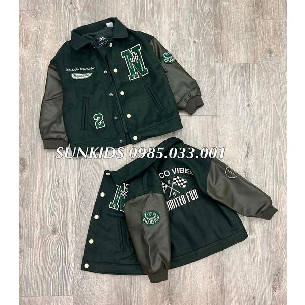 Áo bomber XANH bé trai tay phối da chữ N