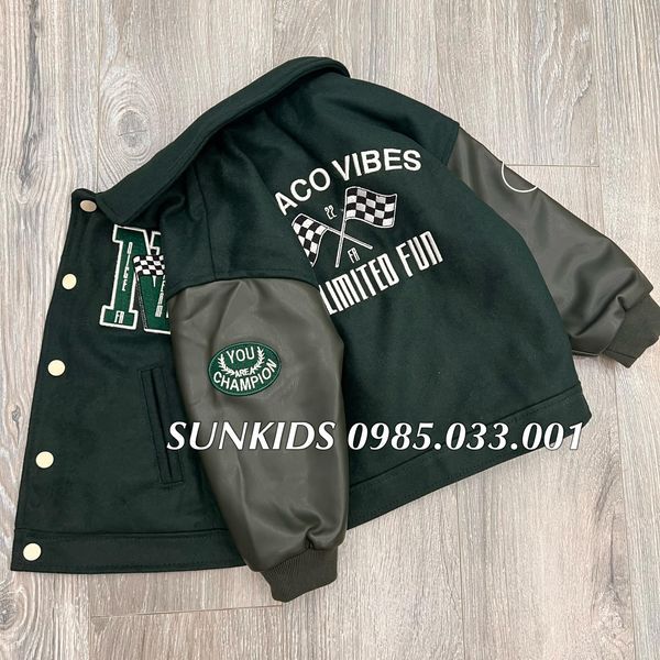 Áo bomber XANH bé trai tay phối da chữ N