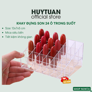 Khay đựng son 24 ô trong suốt, khay đựng son và mỹ phẩm loại nhỏ cùng cọ trang điểm chất liệu mica chia ô vuông