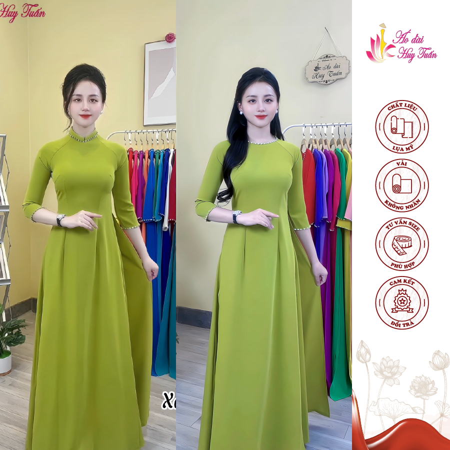 Áo Dài Nữ Tay Lỡ Đính Đá, Màu Xanh Cốm, Vải Lụa Mỹ Thoáng Mát Không Nhăn