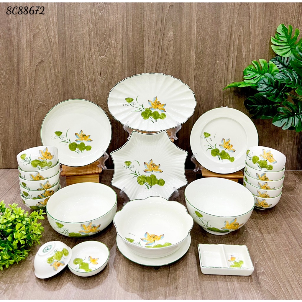 Bát, đĩa, tô, chén ăn cơm Bát Tràng Men Kem Vẽ Tay Hoa Sen Cam cao cấp - Bộ chén dĩa, Bộ đồ ăn, bộ bát đĩa Hàng loại !