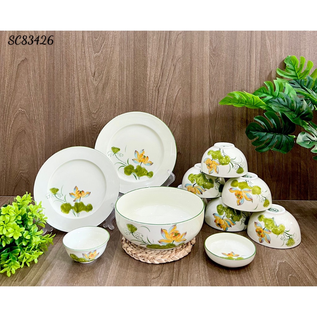 Bát, đĩa, tô, chén ăn cơm Bát Tràng Men Kem Vẽ Tay Hoa Sen Cam cao cấp - Bộ chén dĩa, Bộ đồ ăn, bộ bát đĩa Hàng loại !