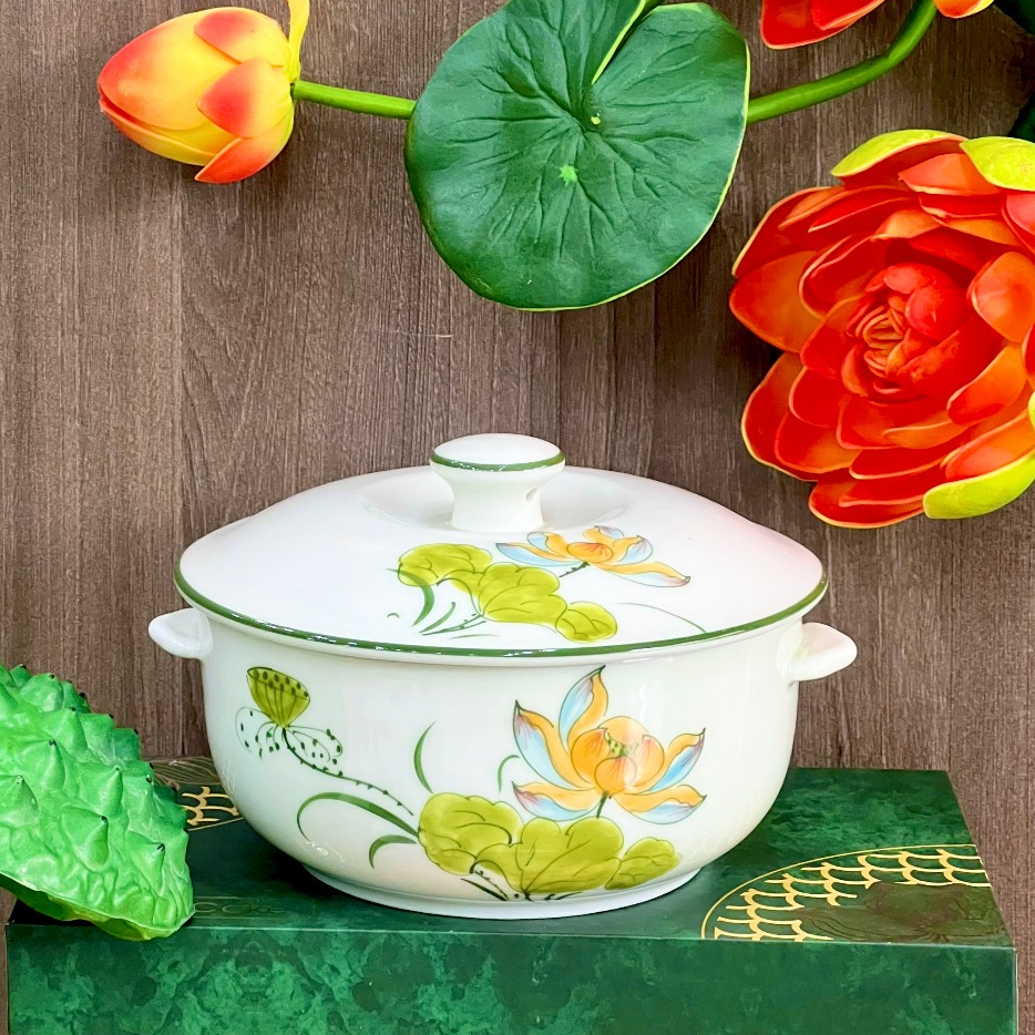 Bát, đĩa, tô, chén ăn cơm Bát Tràng Men Kem Vẽ Tay Hoa Sen Cam cao cấp - Bộ chén dĩa, Bộ đồ ăn, bộ bát đĩa Hàng loại !