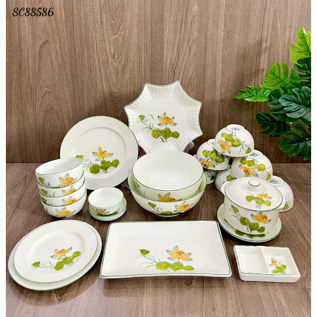 Bát, đĩa, tô, chén ăn cơm Bát Tràng Men Kem Vẽ Tay Hoa Sen Cam cao cấp - Bộ chén dĩa, Bộ đồ ăn, bộ bát đĩa Hàng loại !