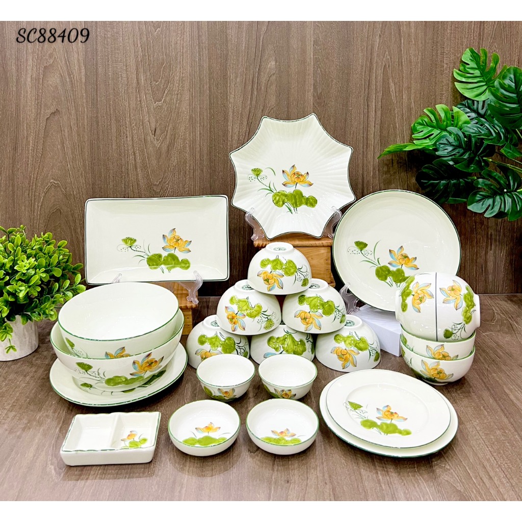 Bát, đĩa, tô, chén ăn cơm Bát Tràng Men Kem Vẽ Tay Hoa Sen Cam cao cấp - Bộ chén dĩa, Bộ đồ ăn, bộ bát đĩa Hàng loại !