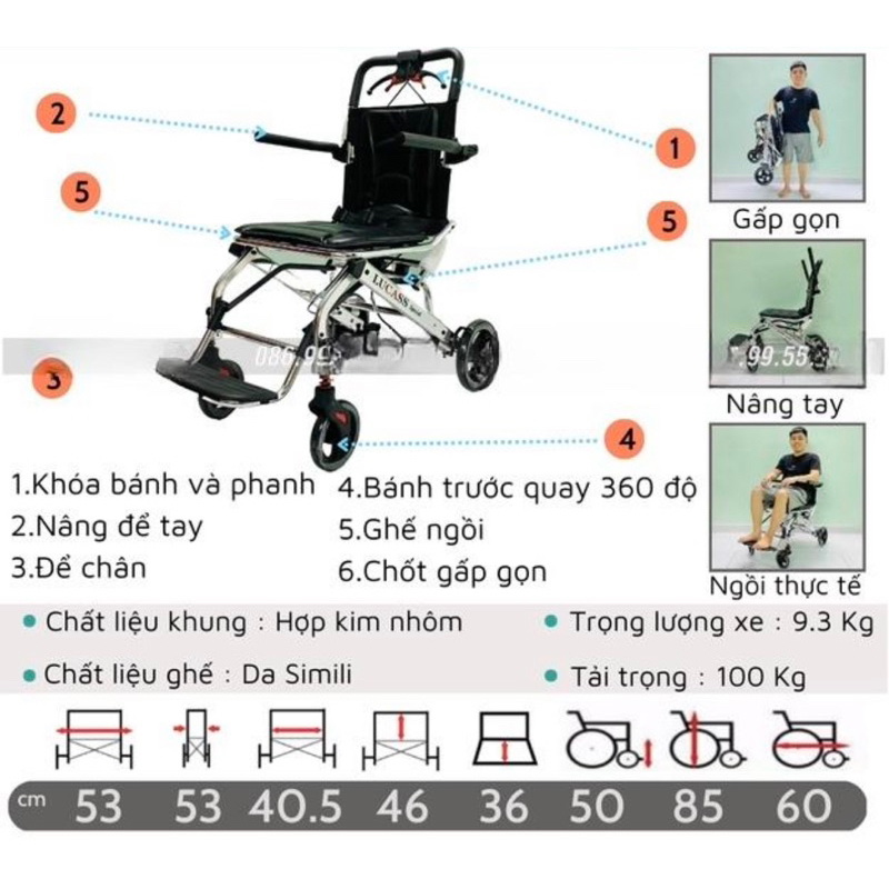 Xe lăn du lịch siêu gọn nhẹ dành cho người già, người bệnh Lucass X-69