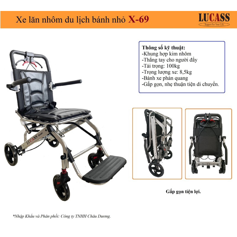 Xe lăn du lịch siêu gọn nhẹ dành cho người già, người bệnh Lucass X-69