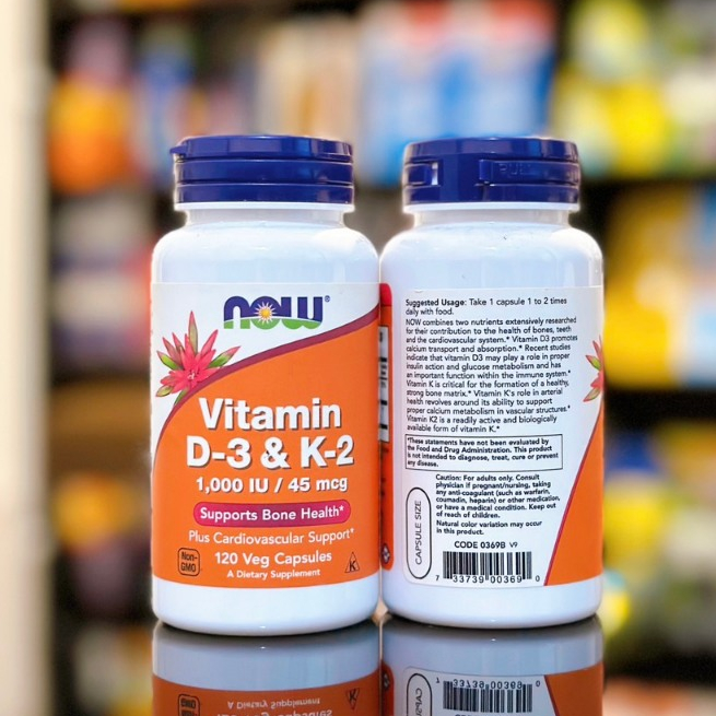 Viên uống Now Vitamin D3 K2 1000 IU 45 mcg của Mỹ Hỗ Trợ Cho Xương Chắc Khỏe, Hộp 120 viên