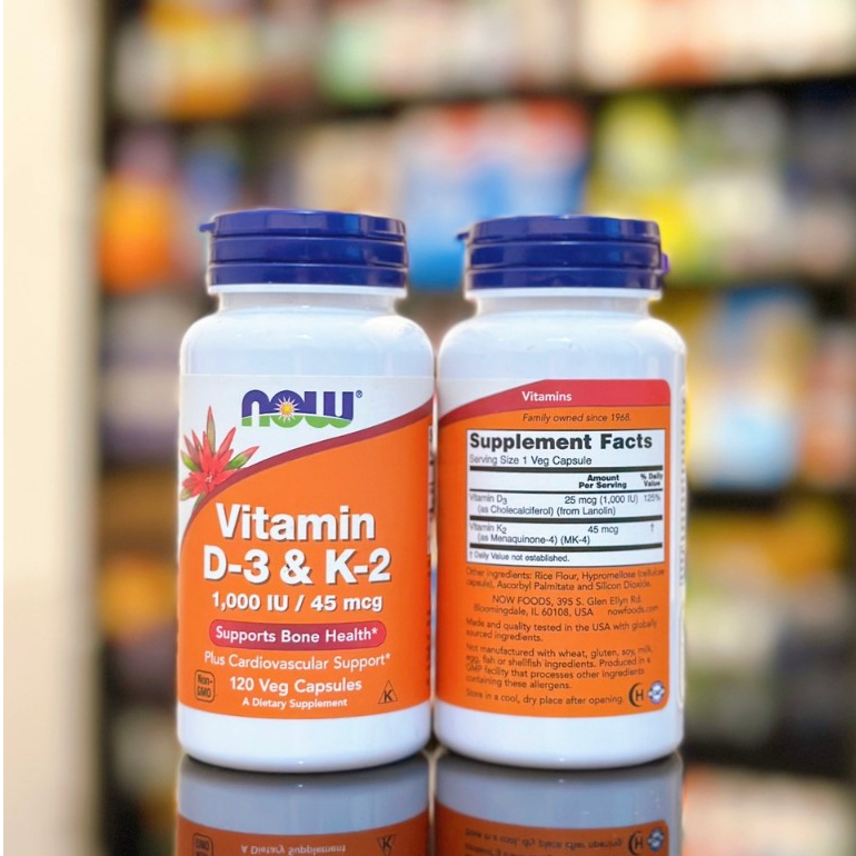 Viên uống Now Vitamin D3 K2 1000 IU 45 mcg của Mỹ Hỗ Trợ Cho Xương Chắc Khỏe, Hộp 120 viên