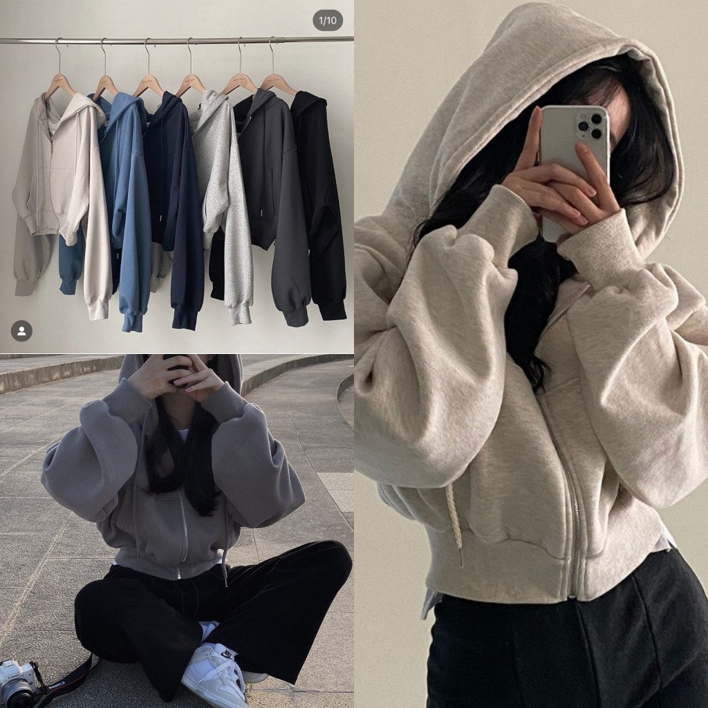 Áo Khoác Nỉ Hoodie Zip Tay Bồng Croptop Dáng Rộng Siêu Xinh Phong Cách Hàn Quốc