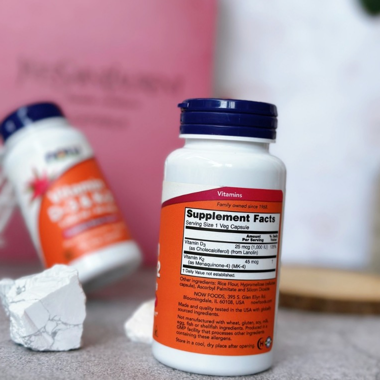 Viên uống Now Vitamin D3 K2 1000 IU 45 mcg của Mỹ Hỗ Trợ Cho Xương Chắc Khỏe, Hộp 120 viên