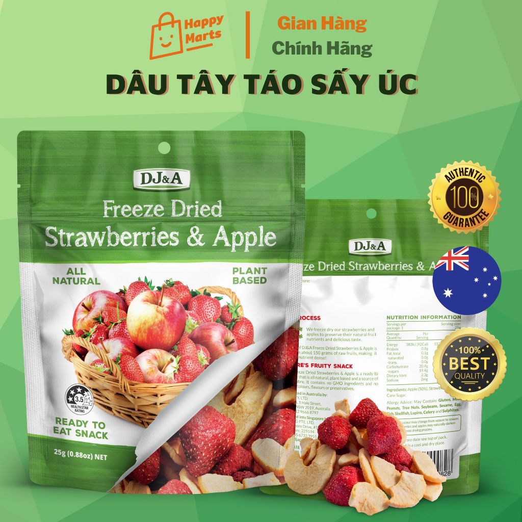 Dâu tây và táo sấy giòn DJ&A 25g - Tốt Cho Sức Khỏe - Ăn Vặt Văn Phòng - Nhập Khẩu Úc - Thơm Ngon Tròn Vị