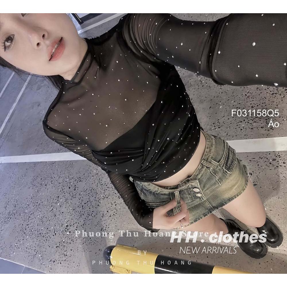 Áo kiểu lưới phối đinh hột tay dài hàng đẹp! transstore90