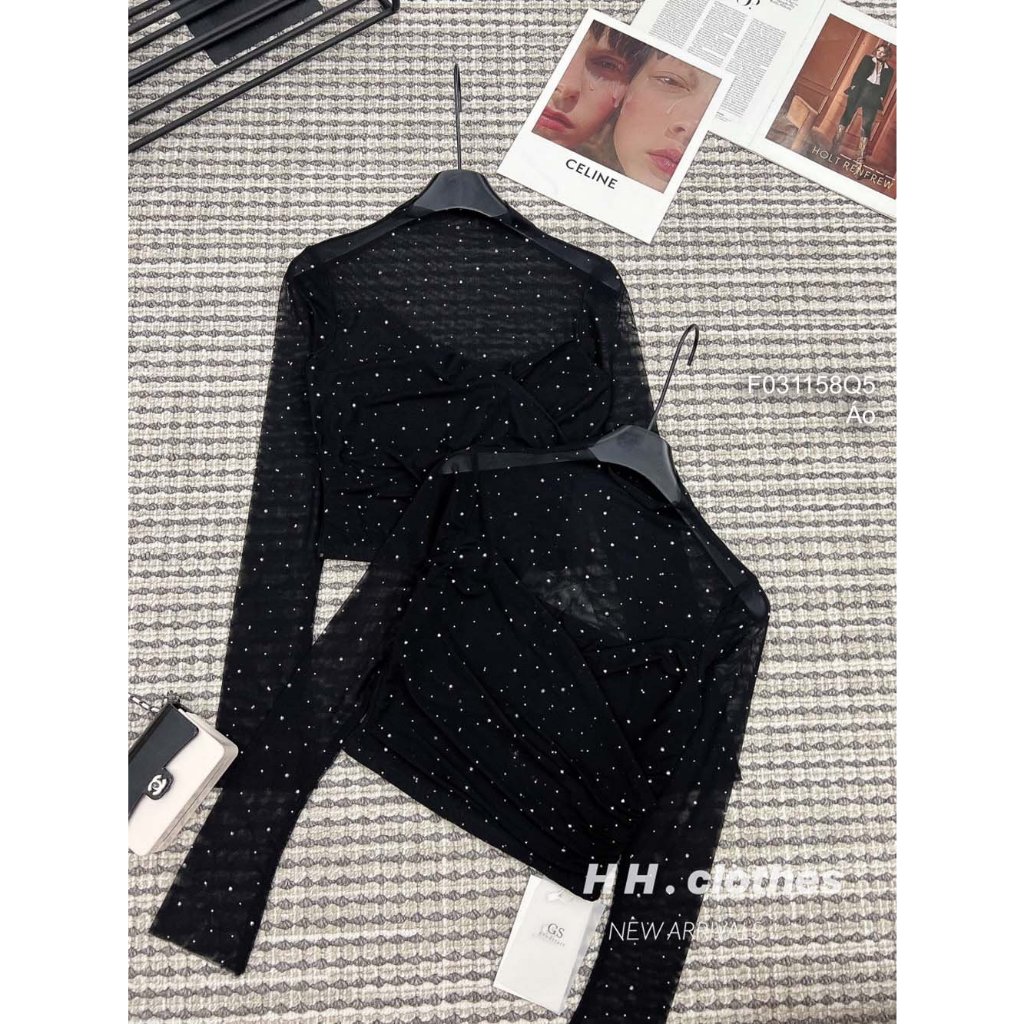 Áo kiểu lưới phối đinh hột tay dài hàng đẹp! transstore90