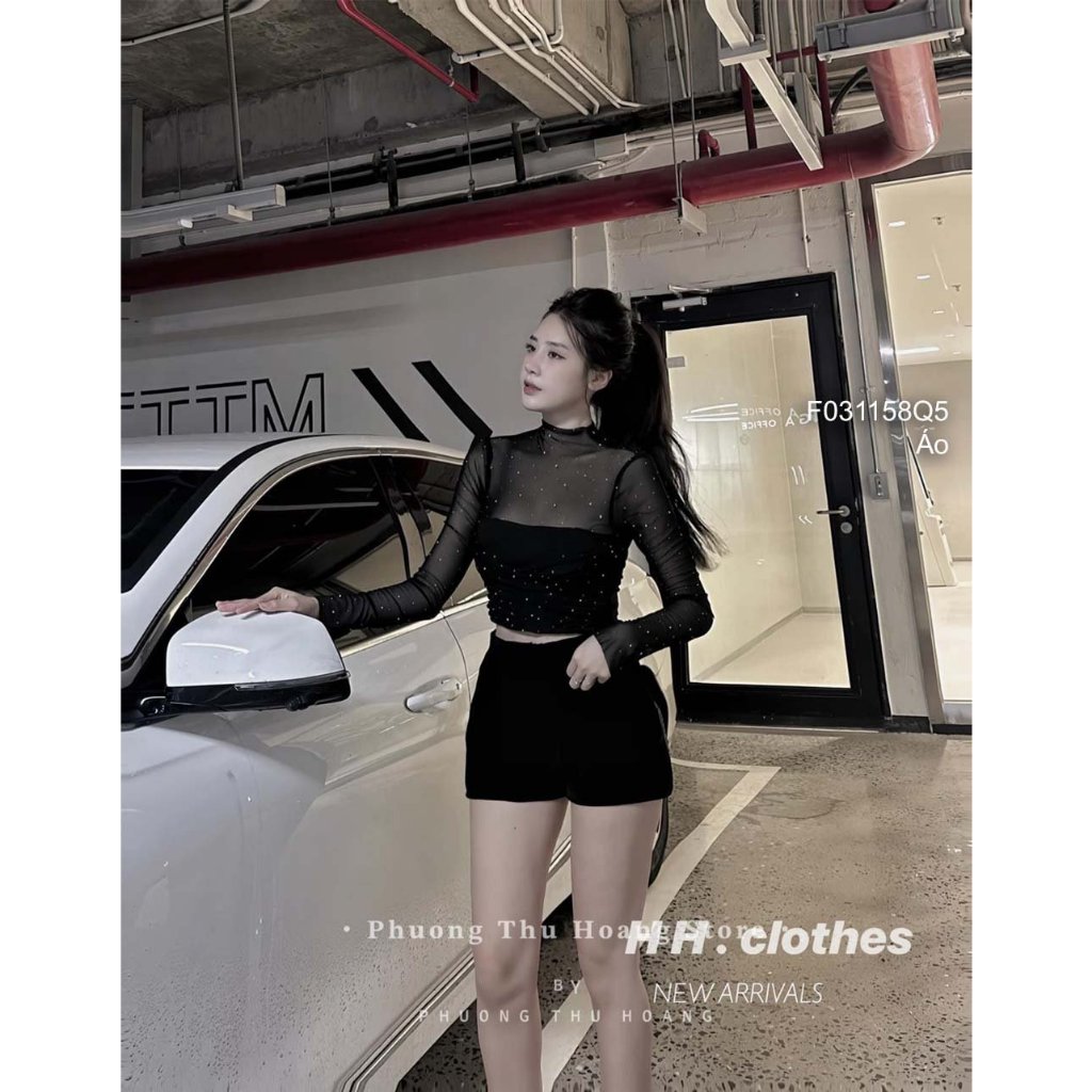 Áo kiểu lưới phối đinh hột tay dài hàng đẹp! transstore90