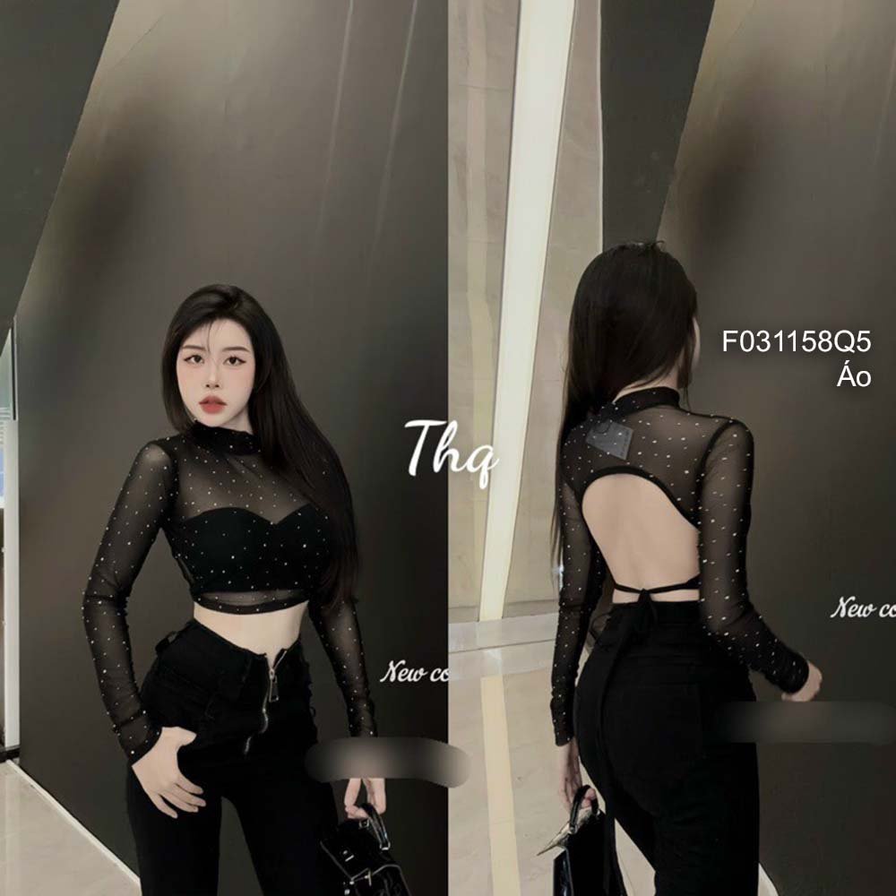 Áo kiểu lưới phối đinh hột tay dài hàng đẹp! transstore90
