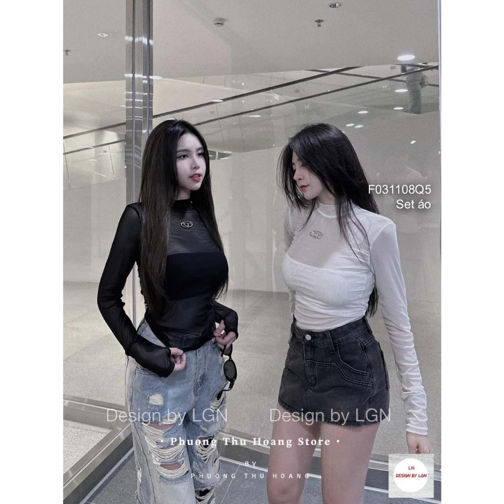 Áo kiểu lưới phối đinh hột tay dài hàng đẹp! transstore90