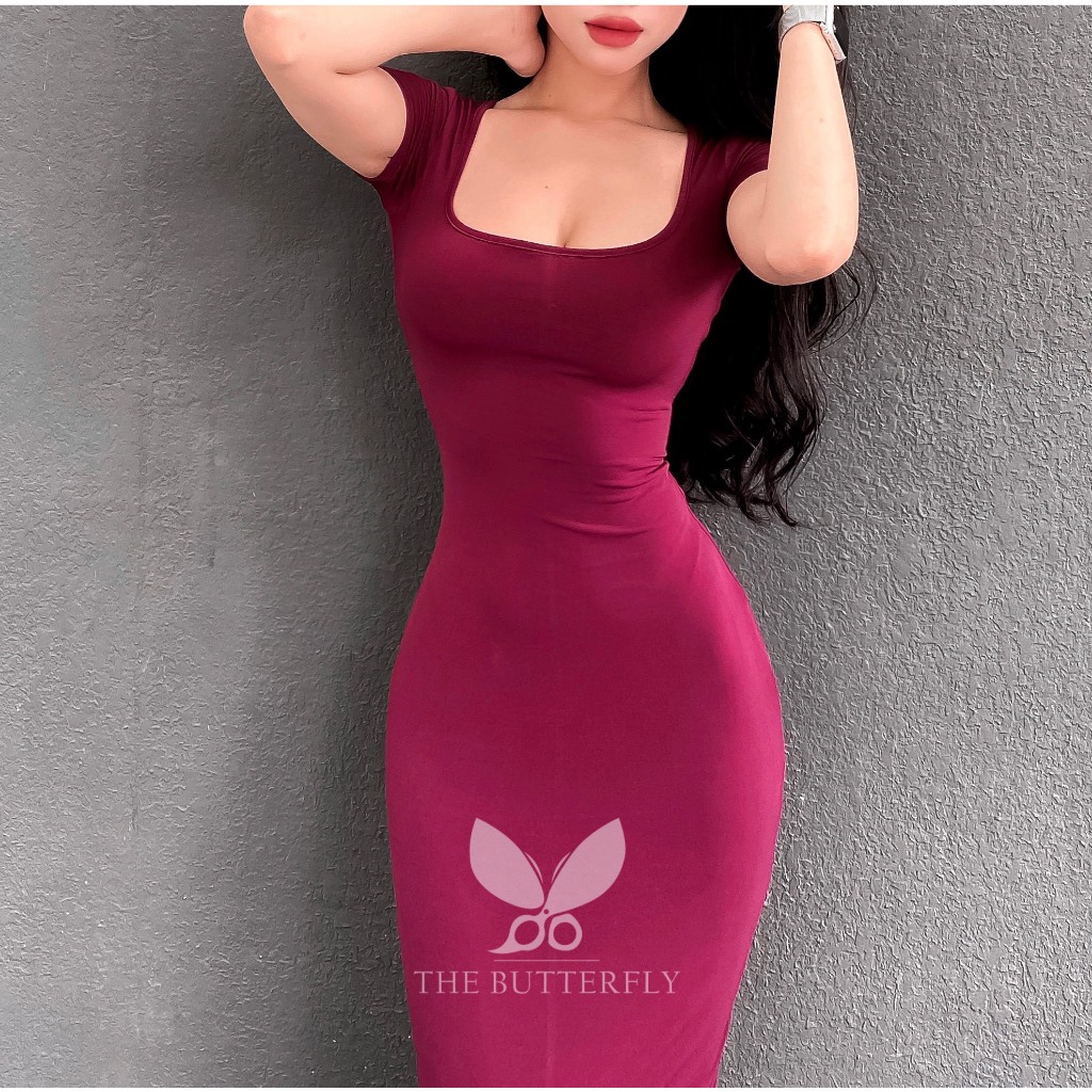 Váy/ Đầm Nữ Dài Tay Ngắn Cổ U Ôm Body Vải Thun Ladong Co Giãn The Butterfly